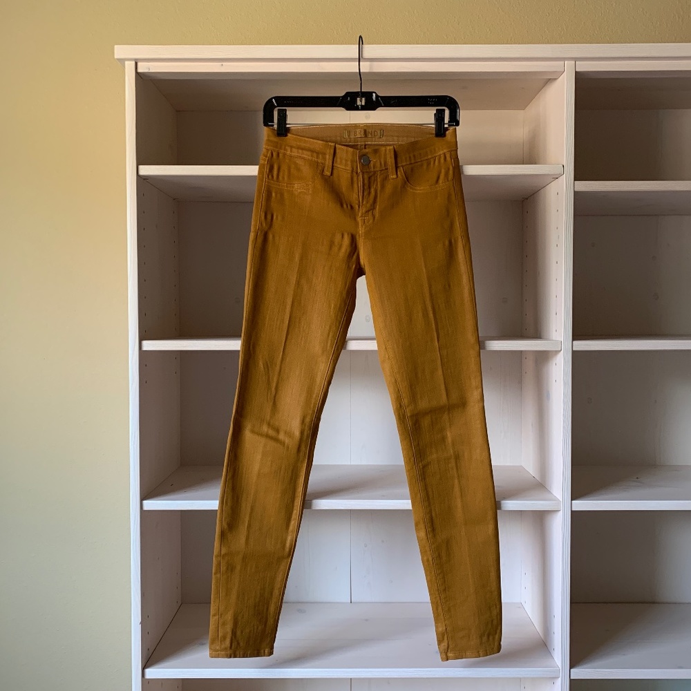 J Brand Mid-Rise Coated Skinny Jeans 25 in Dijon Yellow/Tan